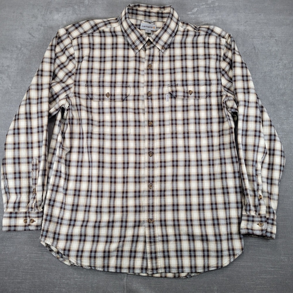 Carhartt Mens XL Relaxed Fit Plaid Button Down Shirt Brown‎ Tan Blue Long Sleeve